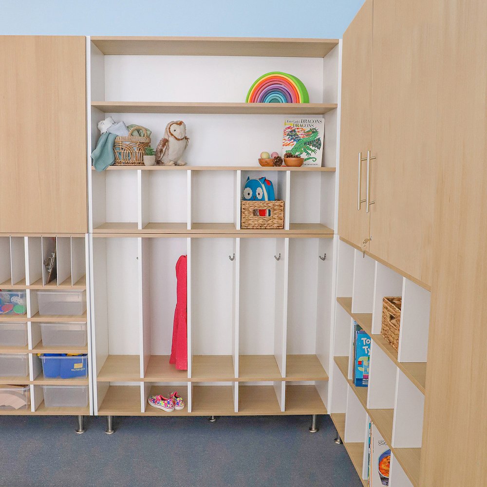 Cubby And Shelf Cabinet in Brown and White Color