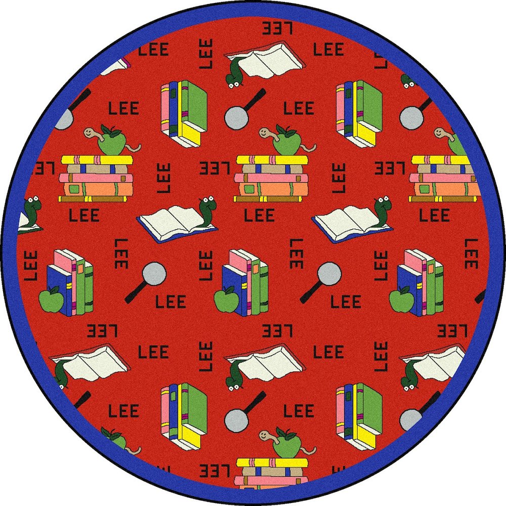 Kid Essentials Bookworm (Spanish) 7'7" Round Area Rug in Color Red