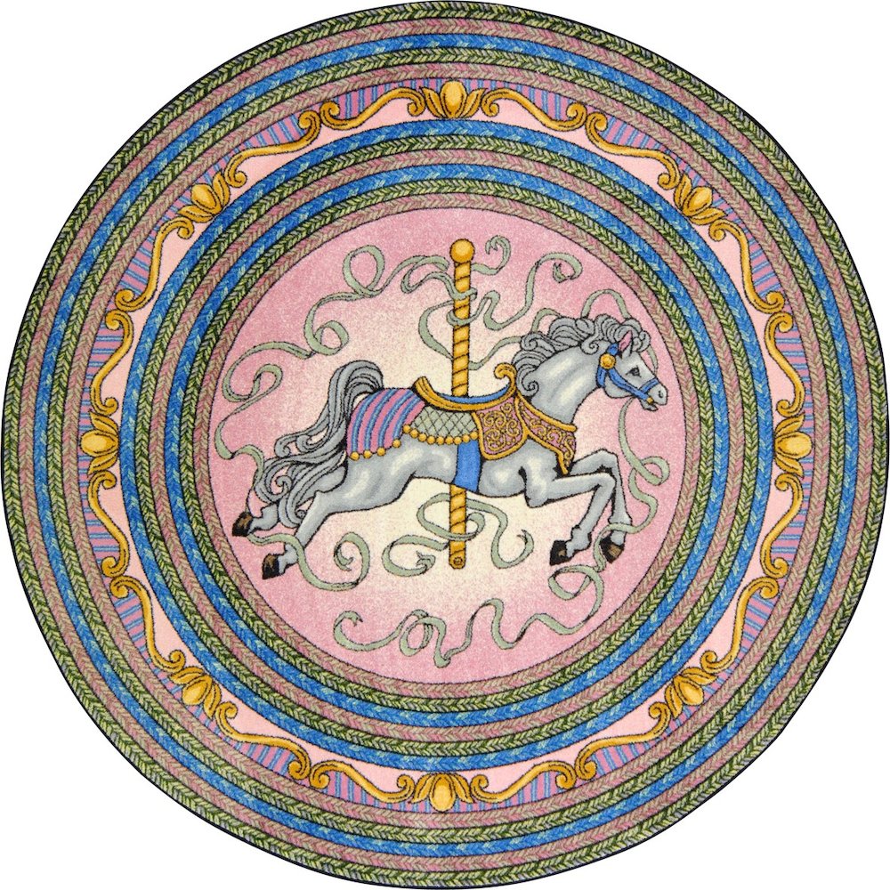 Kid Essentials Carousel 7'7" Round Area Rug in Color Pink
