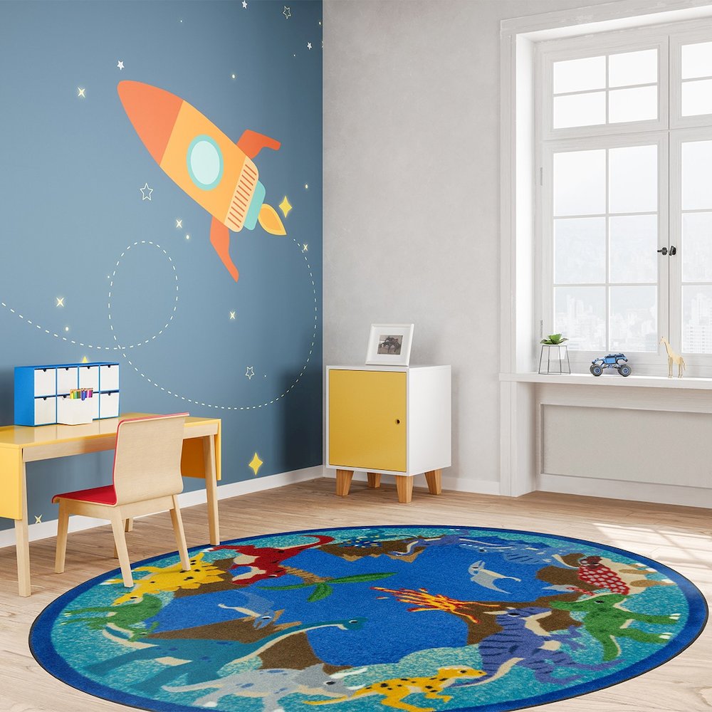 Kid Essentials Dino Parade 7'7" Round Area Rug in Color Multi