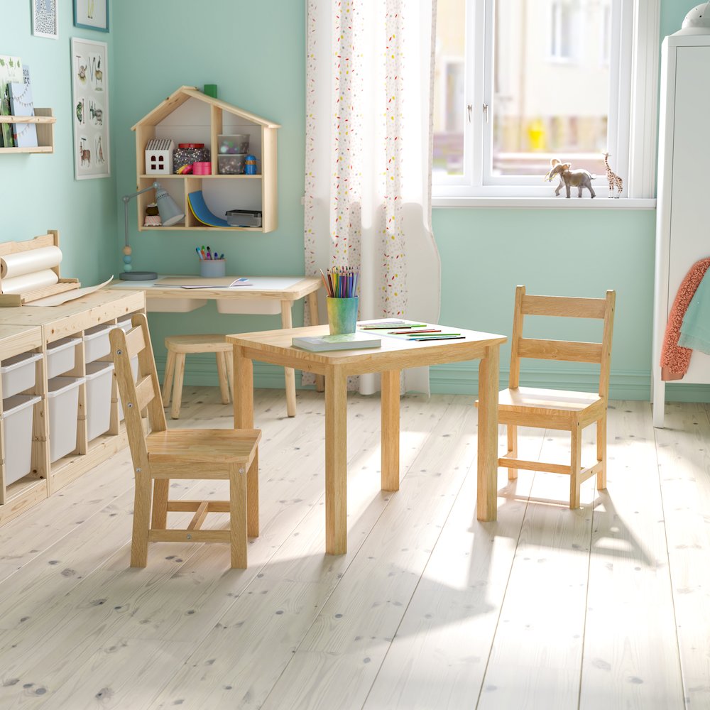 Solid Hardwood Table and Chair Set - 3 Piece Set - Natural