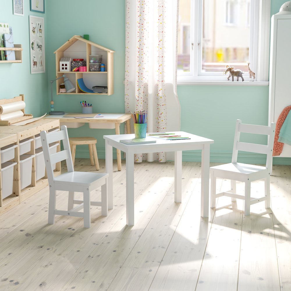 Solid Hardwood Table and Chair Set - 3 Piece Set - White