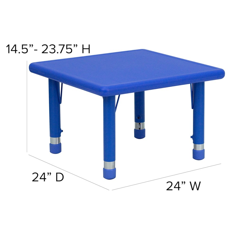 24'' Square Blue Plastic Height Adjustable Activity Table Set with 4 Chairs