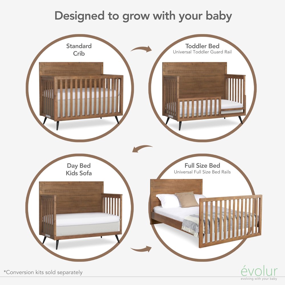 Evolur Stilnovo Mid Century Convertible Crib Toddler Guard Rail I Full Assembly I Lasting Quality , 811-SC