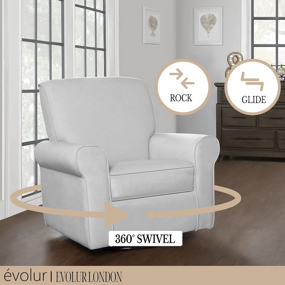 Evolur London Upholstered 360 Swive l Glider I Rocker I Nursery Glider I Durable Soft Fabric, 614-GRY