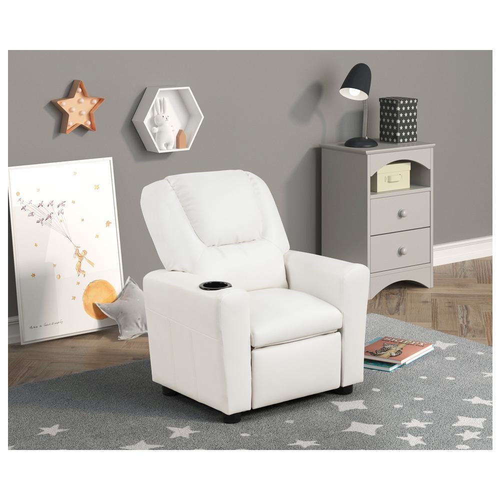 Marisa 23"W White PU Leather Kids Recliner Chair with Cupholder