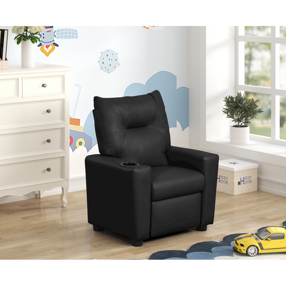 Perline 23"W Black PVC Fabric Kids Recliner Chair with Cupholder