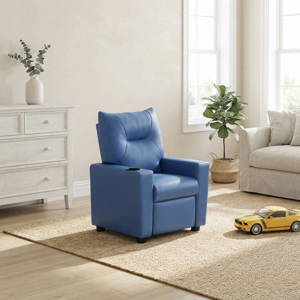 Furnifact Kids Recliner Chair with Cupholder and Foam-Padded Seat, Blue