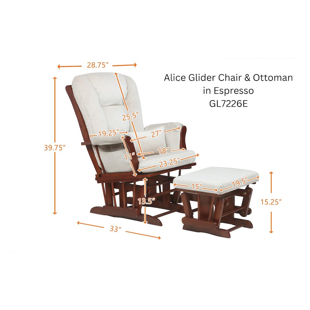 Alice Glider Chair and Ottoman Espresso with Pillow