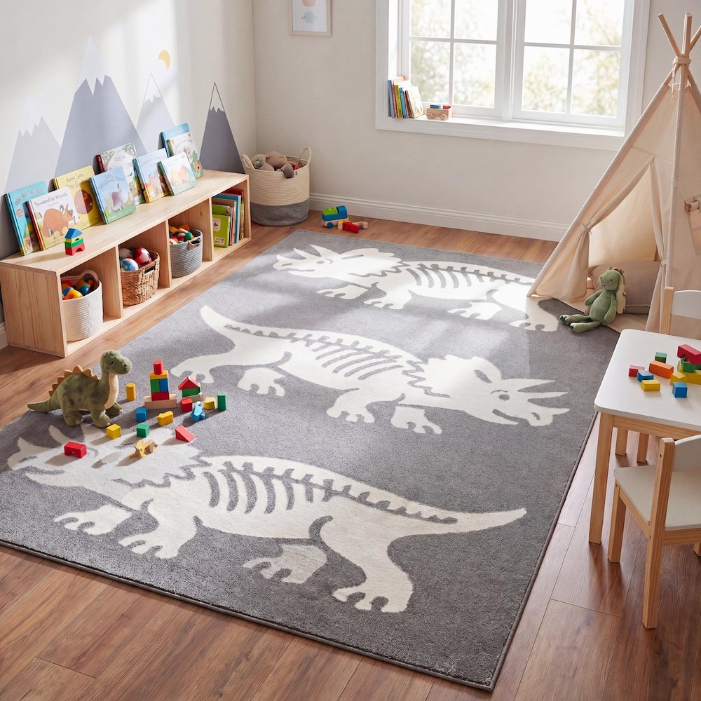Trike Triceratops Kids Washable Dark Gray/Cream 5 ft. x 8 ft. Area Rug