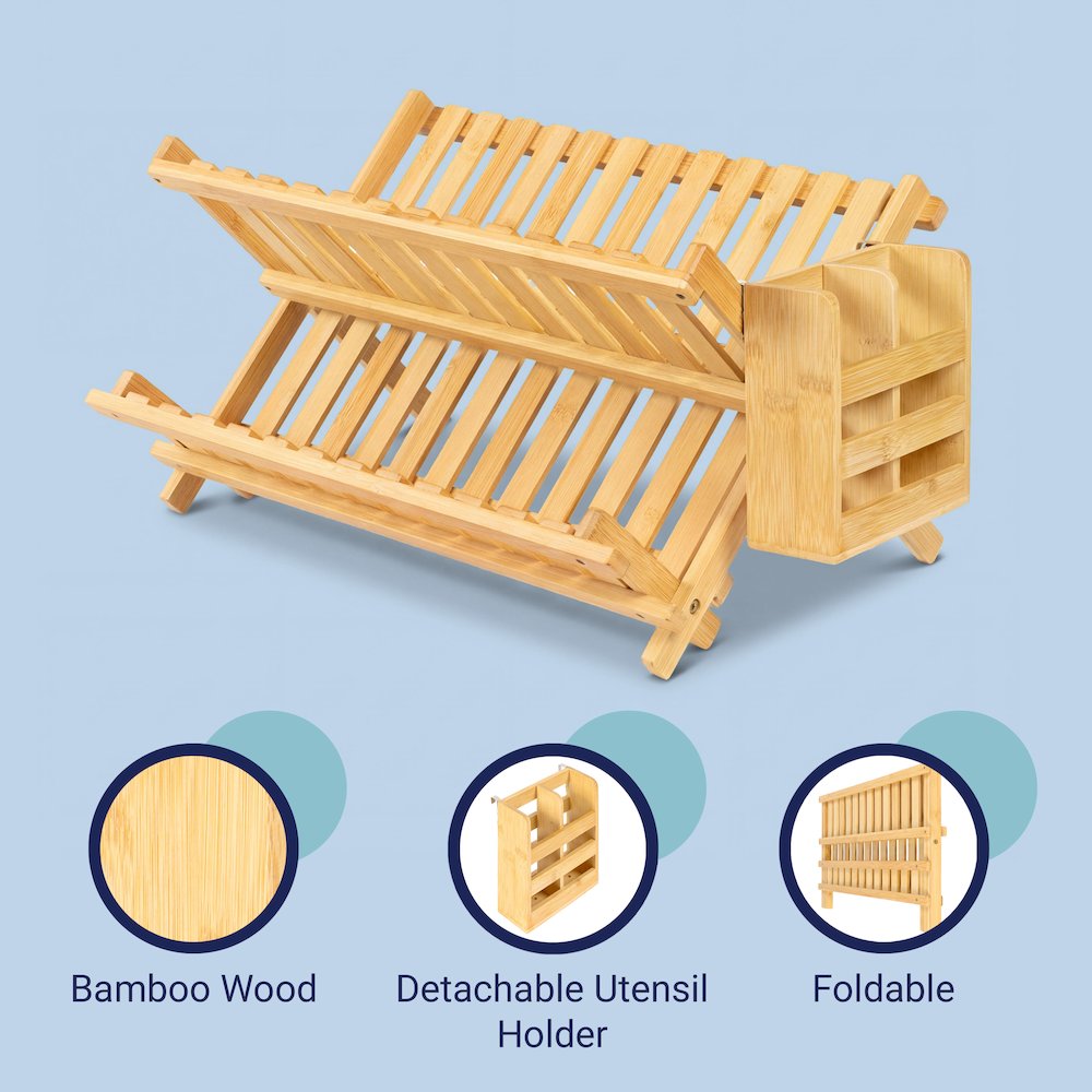 Arlen Bamboo Foldable 2-Tier Dish Drying Rack, Natural