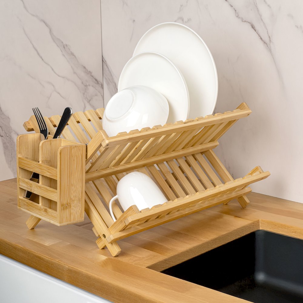 Arlen Bamboo Foldable 2-Tier Dish Drying Rack, Natural