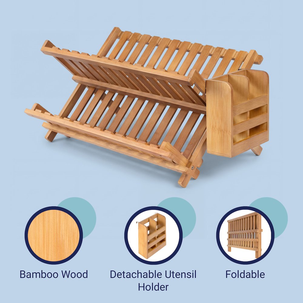 Arlen Bamboo Foldable 2-Tier Dish Drying Rack, Brown