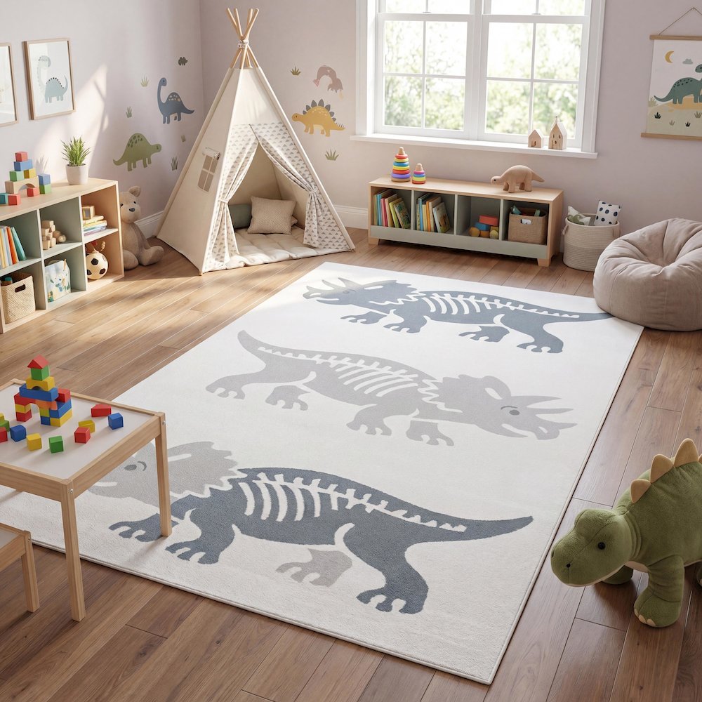 Trike Triceratops Modern Kids Machine-Washable Cream/Blue 3 ft. x 5 ft. Area Rug