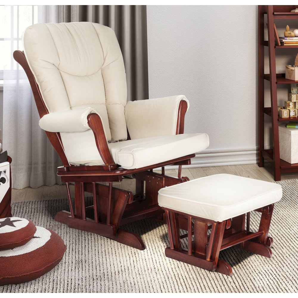 Sleigh Glider Chair and Ottoman Espresso with Beige Cushions
