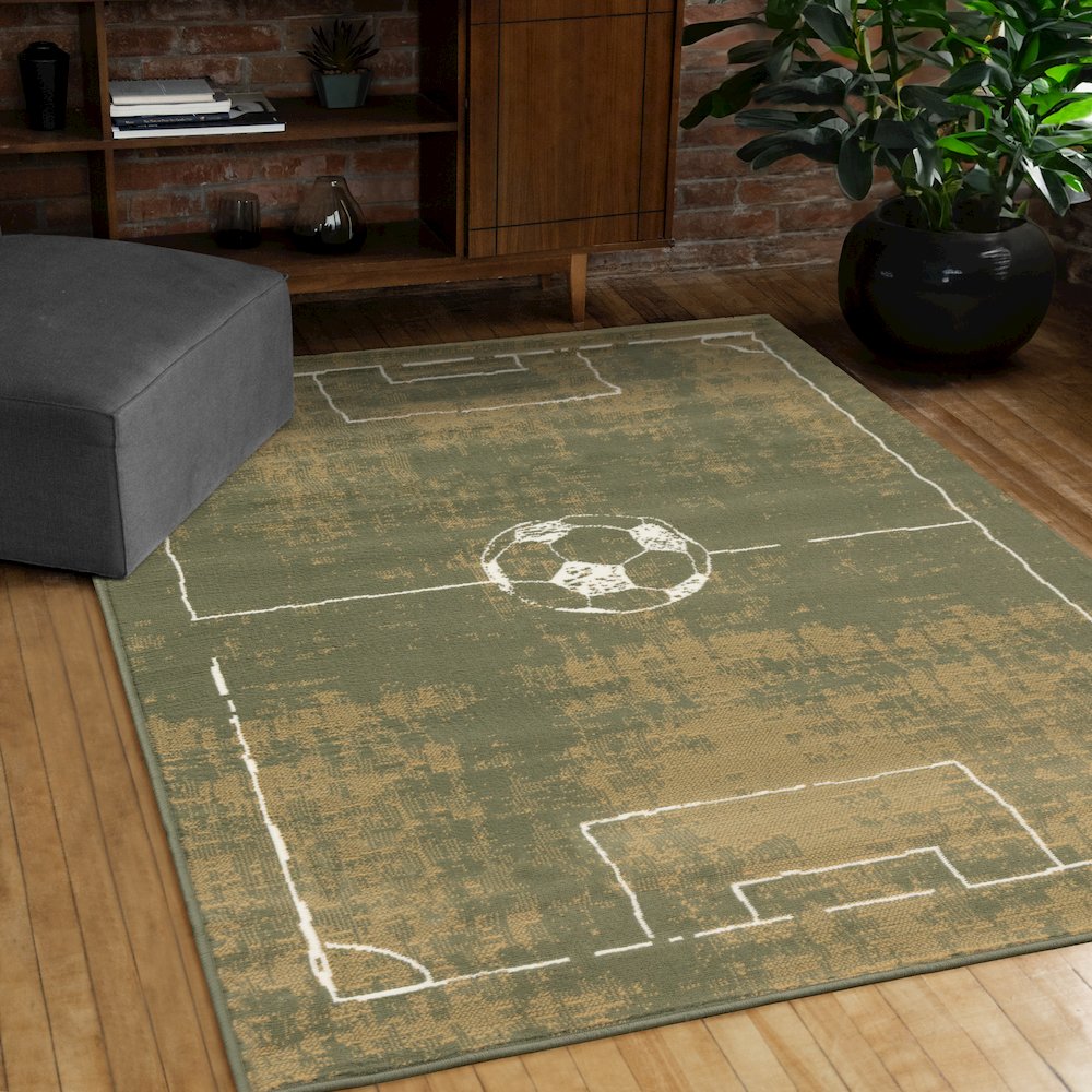 Green Soccer Field Rug, Fun Sports Carpet Accent for Kids Bedroom or Playroom