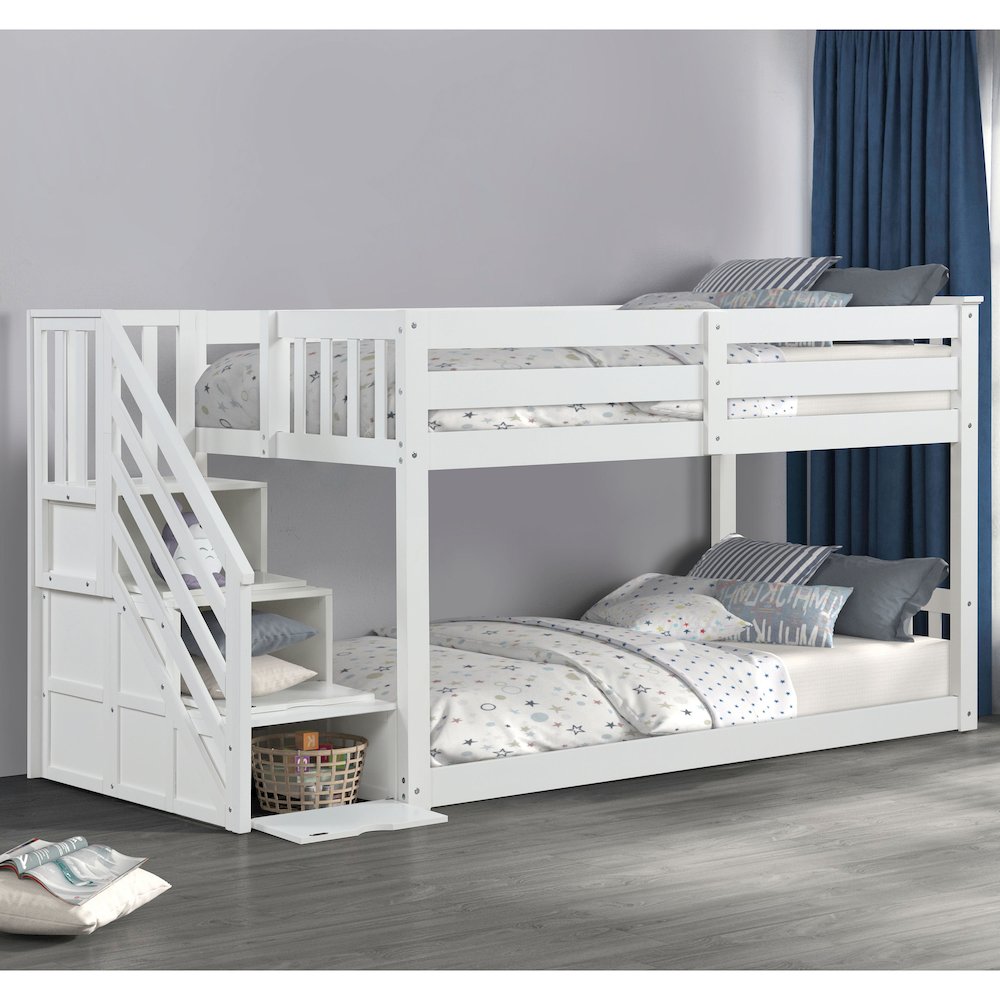 Sabrina White Wood Twin over Twin Bunk Bed with Staircase