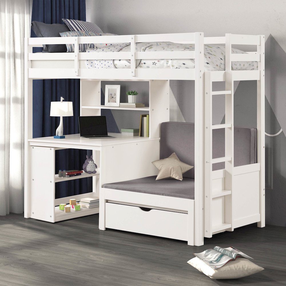 Yalle White Solid Wood USBs Twin Loft Bed with Bookcase