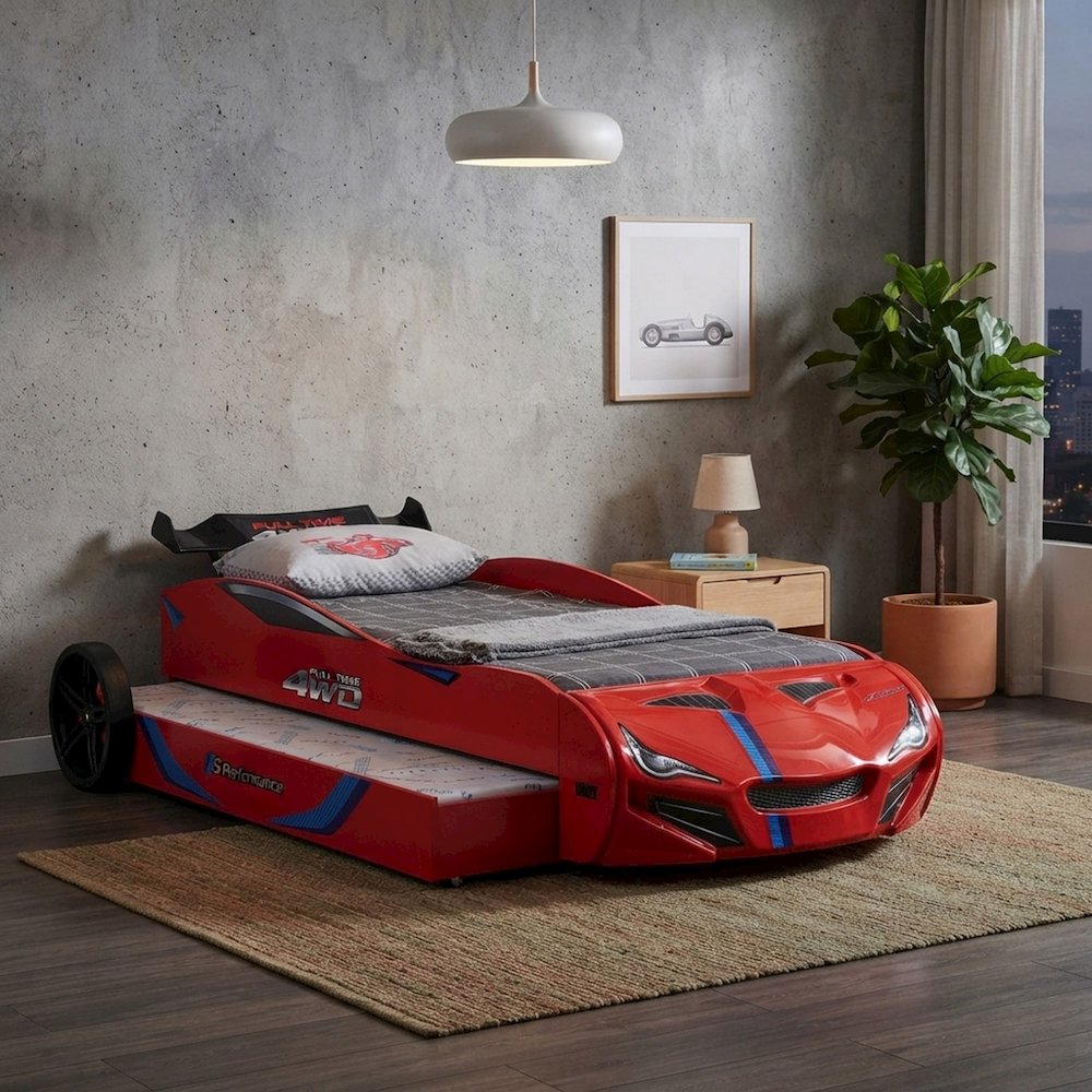 Starlight Canyon Home Race Car Kid Bed with Engineered Wood, Red, Twin