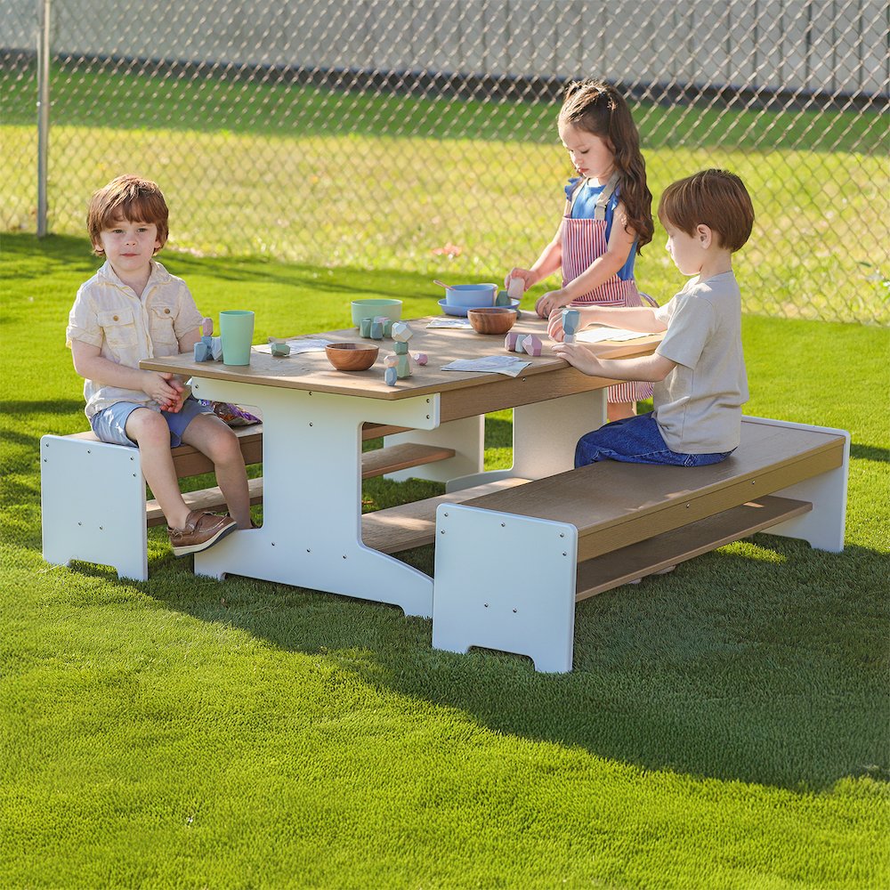 Table And Two Benches Set, Brown and White