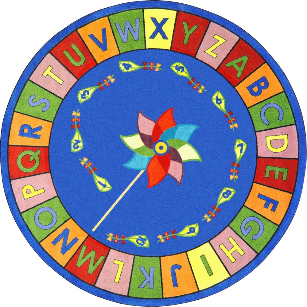 Kid Essentials Alphabet Pinwheel 5'4" Round Area Rug in Color Multi