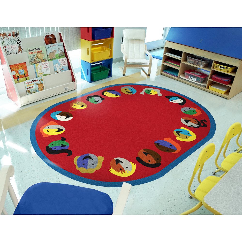 Kid Essentials Joyful Faces 10'9" x 13'2" Oval Area Rug in Color Red