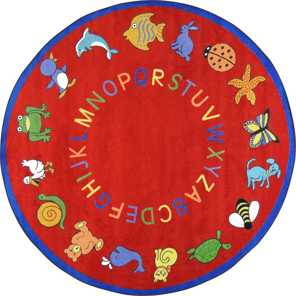 Kid Essentials ABC Animals 7'7" Round Area Rug in Color Red
