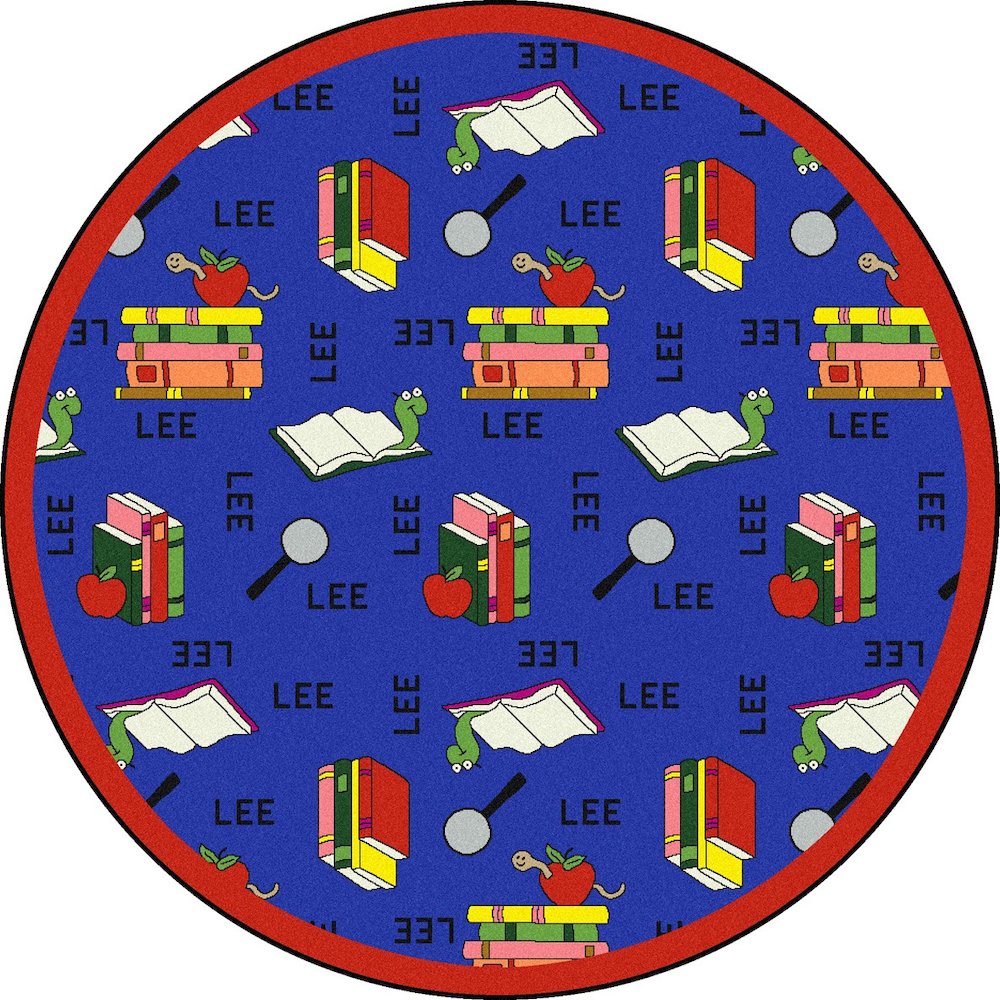 Kid Essentials Bookworm (Spanish) 7'7" Round Area Rug in Color Blue