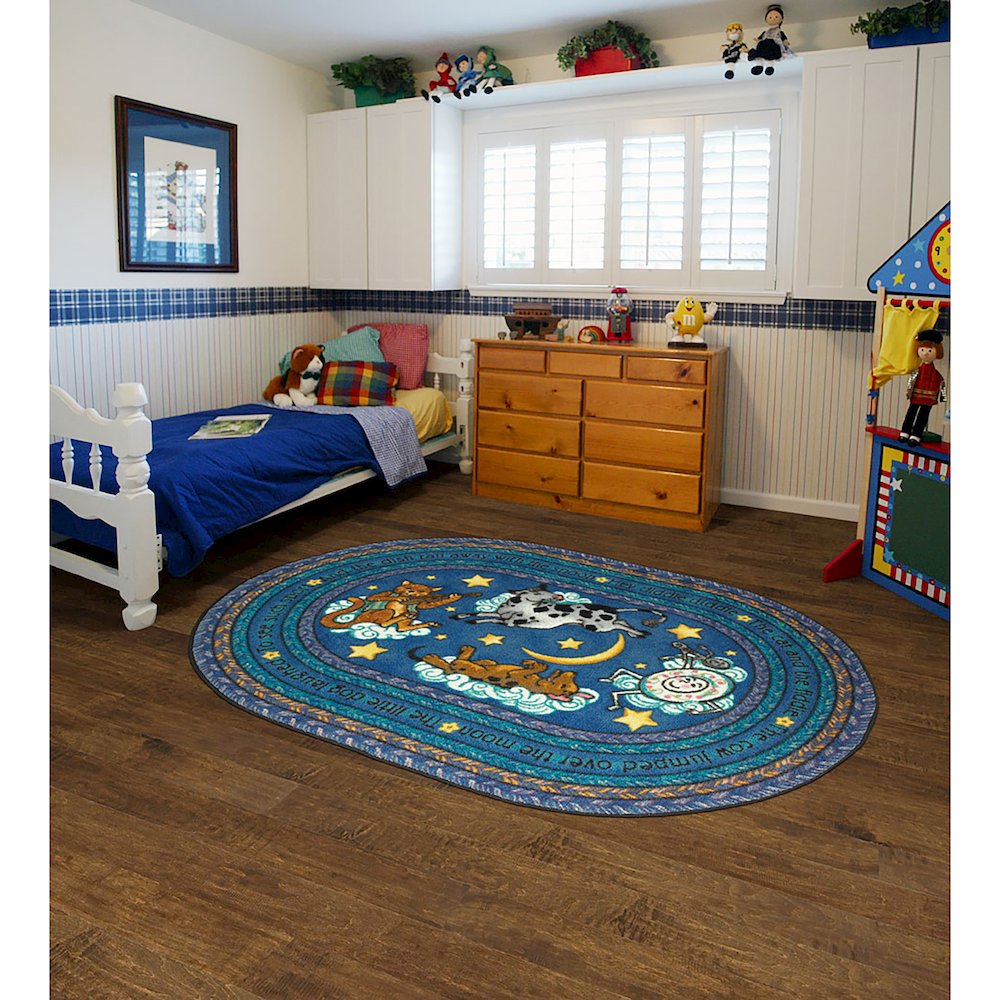 Kid Essentials Hey Diddle Diddle 5'4" x 7'8" Oval Area Rug in Color Blue
