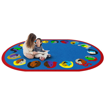 Kid Essentials Joyful Faces 7'8" x 10'9" Oval Area Rug in Color Blue