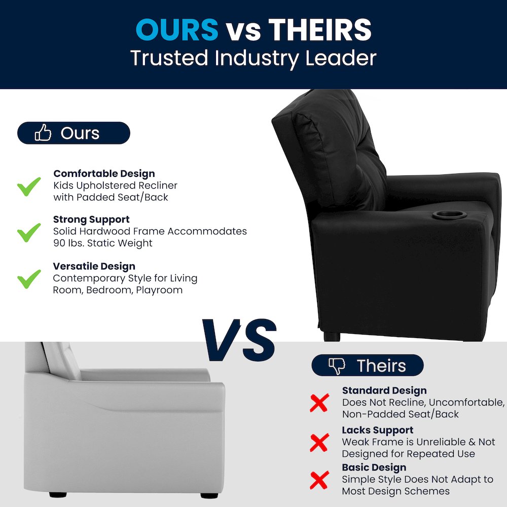 Contemporary Black LeatherSoft Kids Recliner with Cup Holder