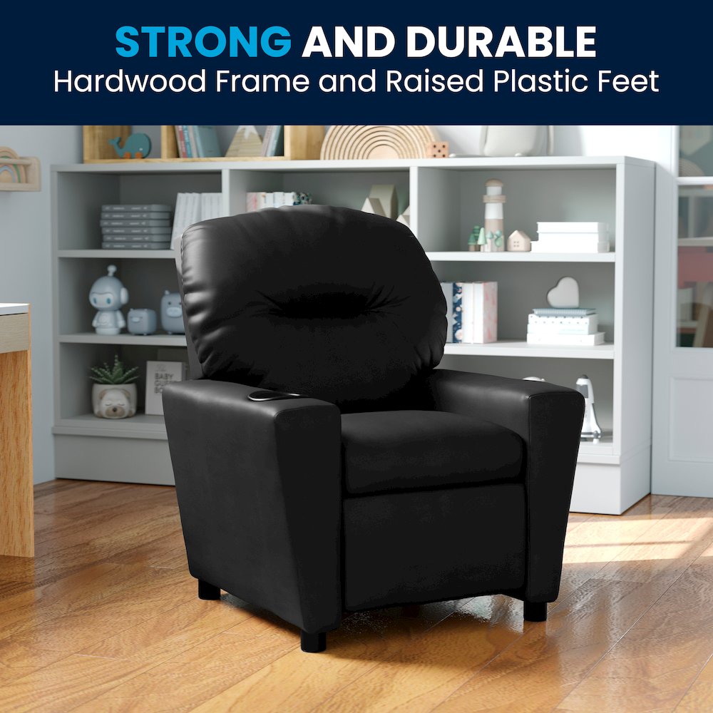 Contemporary Black LeatherSoft Kids Recliner with Cup Holder