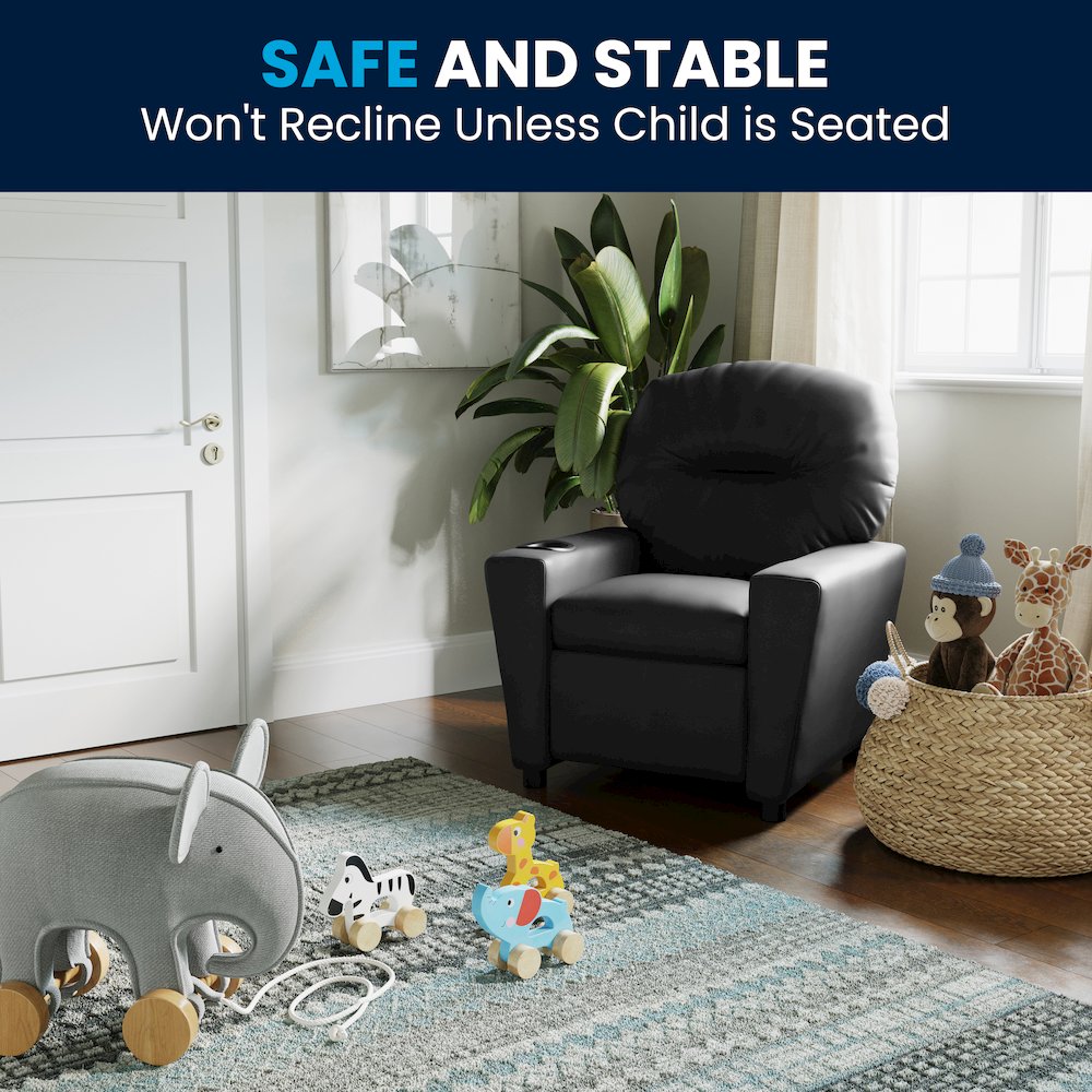 Contemporary Black LeatherSoft Kids Recliner with Cup Holder