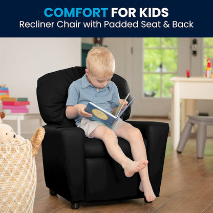 Contemporary Black LeatherSoft Kids Recliner with Cup Holder