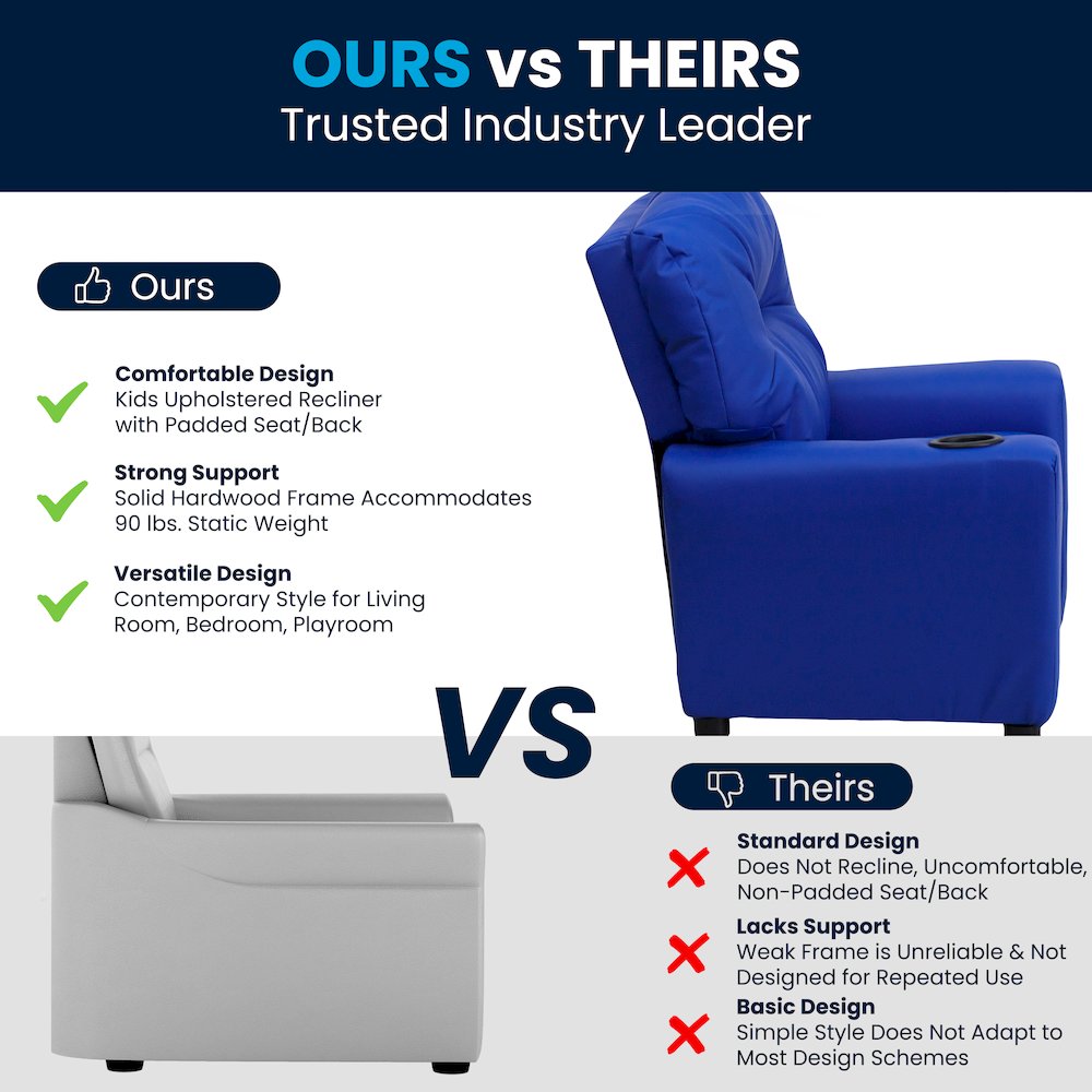 Contemporary Blue Vinyl Kids Recliner with Cup Holder