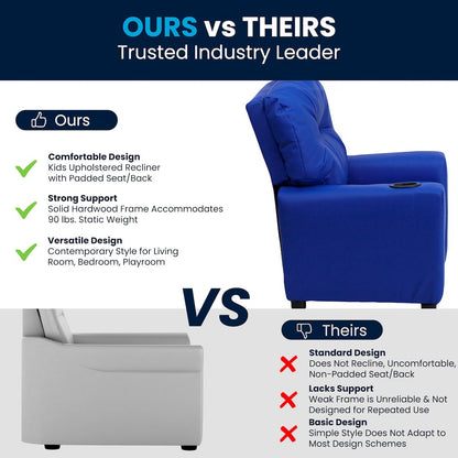 Contemporary Blue Vinyl Kids Recliner with Cup Holder