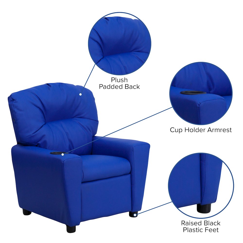 Contemporary Blue Vinyl Kids Recliner with Cup Holder