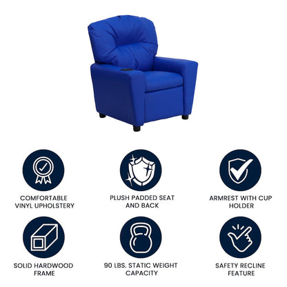 Contemporary Blue Vinyl Kids Recliner with Cup Holder