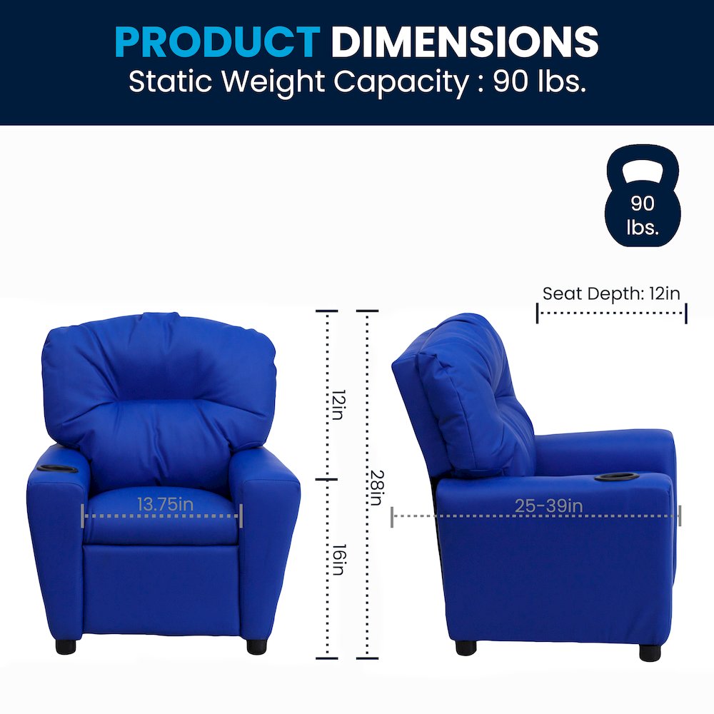 Contemporary Blue Vinyl Kids Recliner with Cup Holder