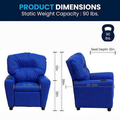 Contemporary Blue Vinyl Kids Recliner with Cup Holder