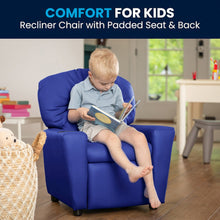 Contemporary Blue Vinyl Kids Recliner with Cup Holder