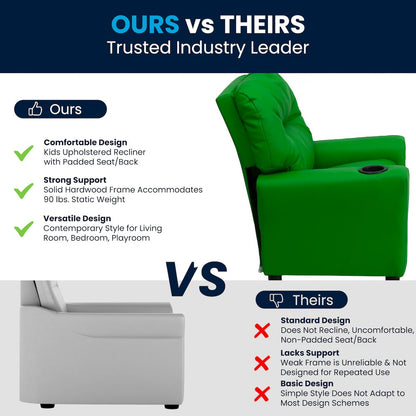 Contemporary Green Vinyl Kids Recliner with Cup Holder