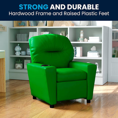 Contemporary Green Vinyl Kids Recliner with Cup Holder