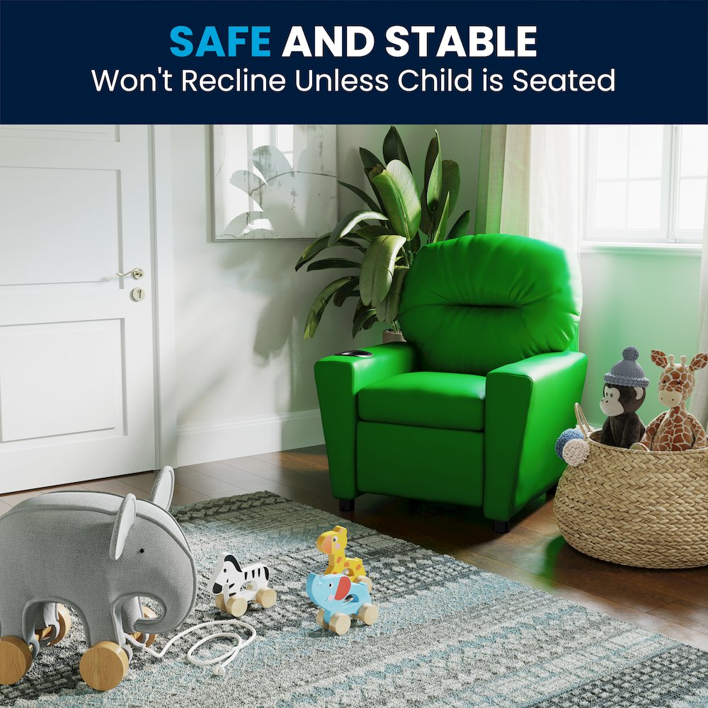 Contemporary Green Vinyl Kids Recliner with Cup Holder