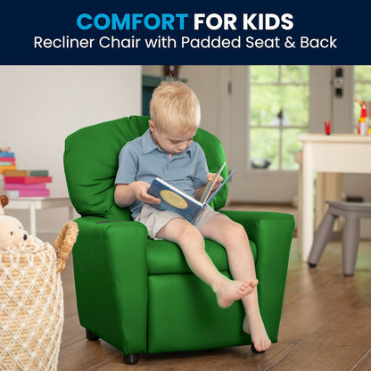 Contemporary Green Vinyl Kids Recliner with Cup Holder
