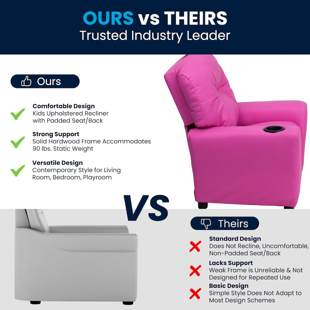 Contemporary Hot Pink Vinyl Kids Recliner with Cup Holder