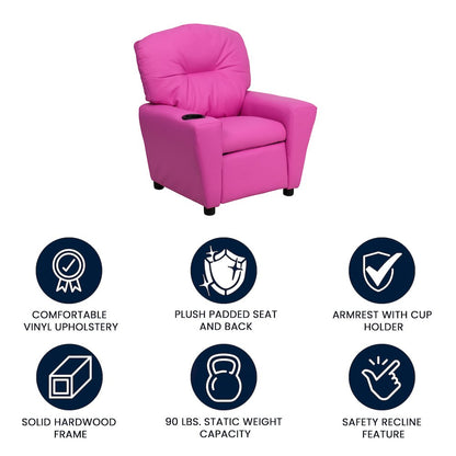 Contemporary Hot Pink Vinyl Kids Recliner with Cup Holder