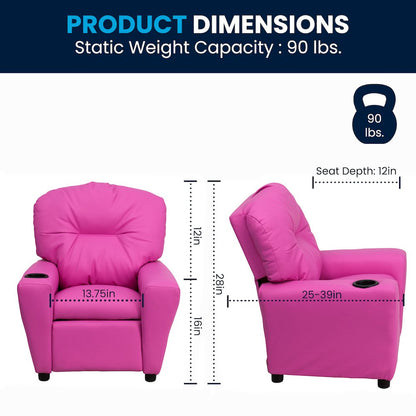 Contemporary Hot Pink Vinyl Kids Recliner with Cup Holder