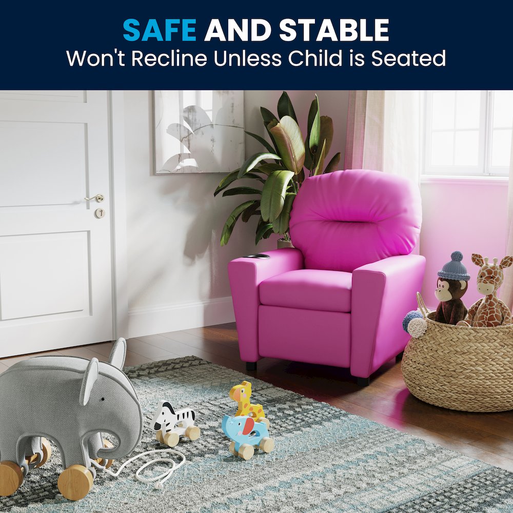 Contemporary Hot Pink Vinyl Kids Recliner with Cup Holder