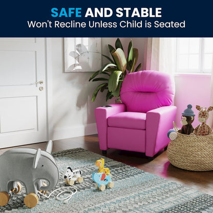 Contemporary Hot Pink Vinyl Kids Recliner with Cup Holder